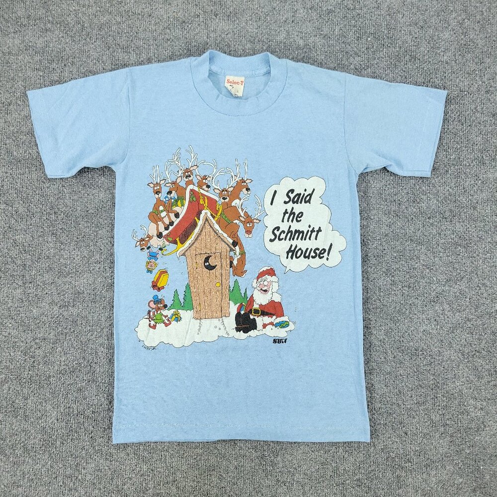 Vintage Santa Claus Shirt Men's Small Blue Reindeer Holiday Graphic Short Sleeve
